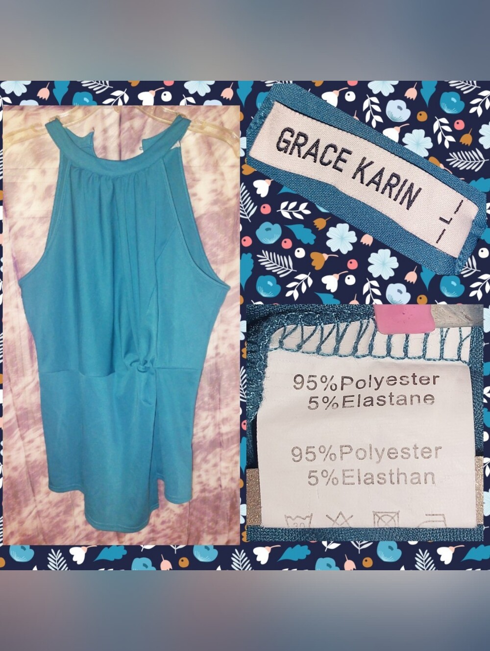 Grace Karin brand Teal Blue Knot-Front Soft Knit Peplum Tank Top Sz Large
